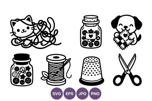 Cute Cat Tangled Yarn Sewing Line Art Review