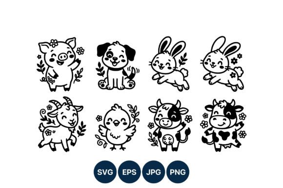 Cute Farm Animals Line Art for Embroidery Projects