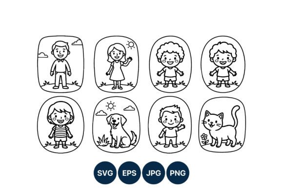 Cute Kids and Pets Line Art Black White Review