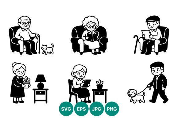 Elderly People Black White Line Art Review