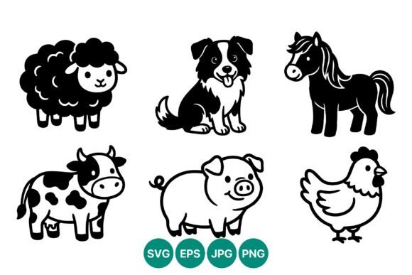 Farm Animals Cartoon Vector Set Black Review