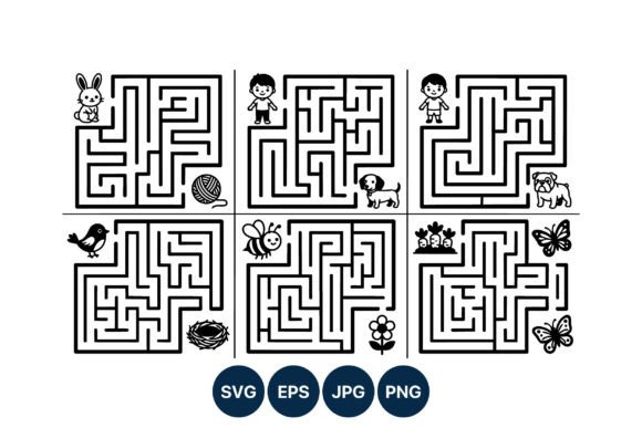 Kids Maze Puzzles with Animals Black and